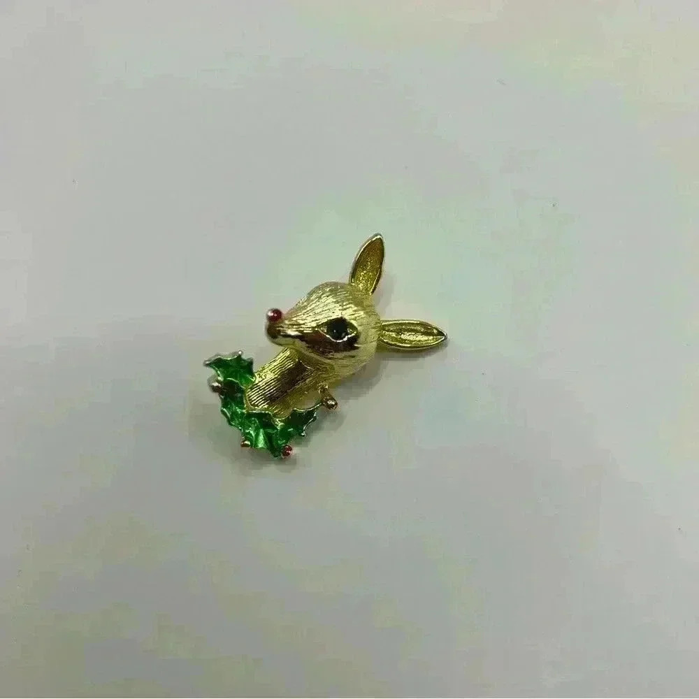 Vintage Gerrys Rudolph Reindeer Rhinestone Eye Enamel Holly Christmas Brooch Pin